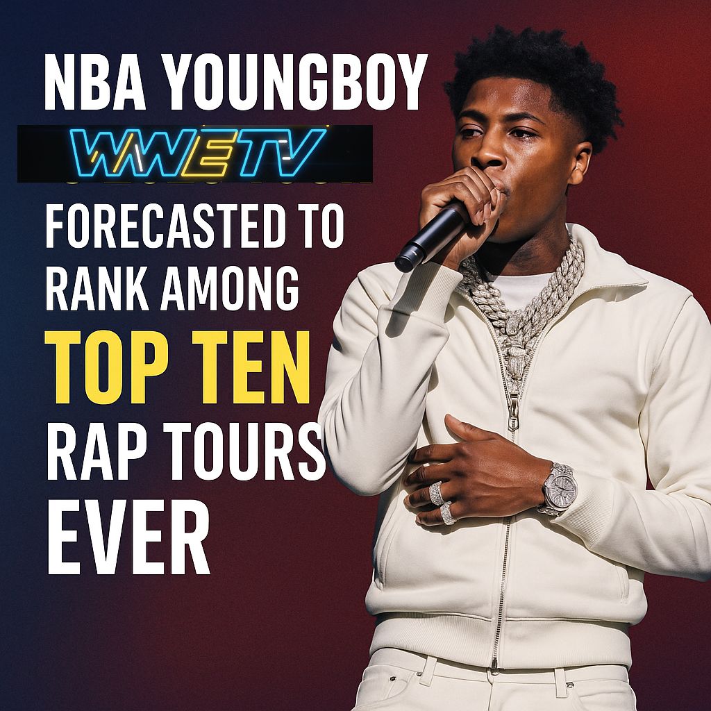 NBA YoungBoy performing on stage during his 2025 Make America Slime Again Tour, with text highlighting its forecasted ranking among top ten rap tours ever.