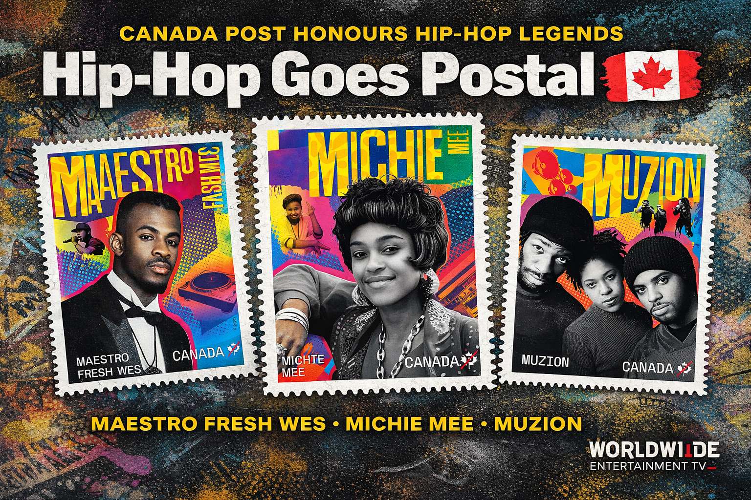 Feature image showing Canada Post stamps featuring Maestro Fresh Wes, Michie Mee, and Muzion celebrating Canadian hip-hop history