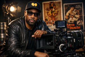 RZA on a film set beside a professional cinema camera as he launches 36 Cinema Distribution and prepares the theatrical release of the revenge thriller One Spoon of Chocolate.