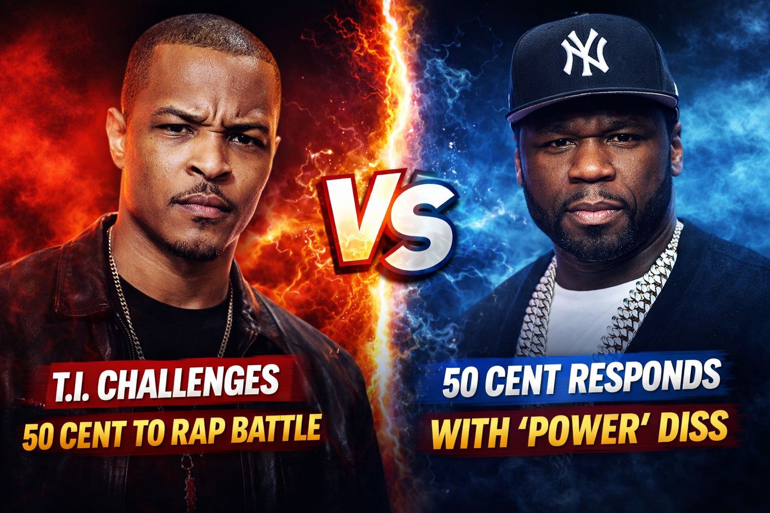 T.I. and 50 Cent face off in a dramatic split image symbolizing their ongoing hip-hop rivalry after T.I. challenged 50 Cent to a rap battle.