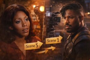 Split image showing actors maintaining performance continuity in scenes filmed out of order on a Hollywood set