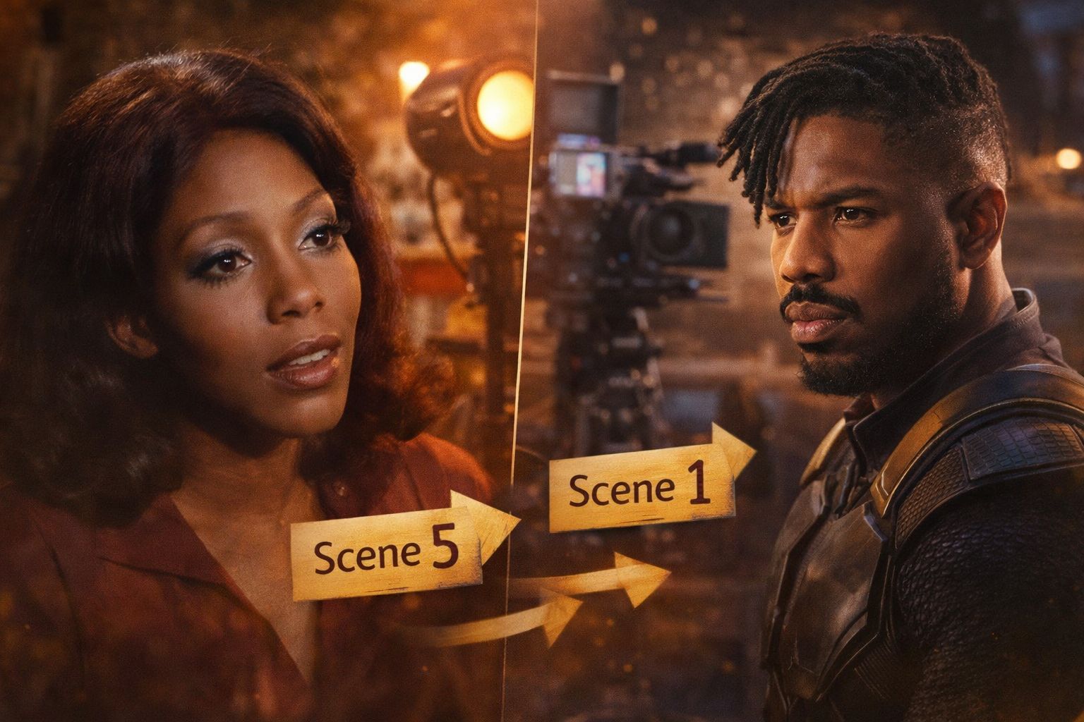 Split image showing actors maintaining performance continuity in scenes filmed out of order on a Hollywood set