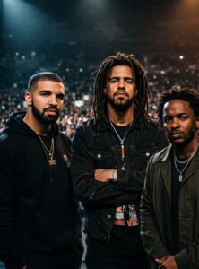 J Cole with Drake and Kendrick Lamar during concert crowd background representing hip hop debate