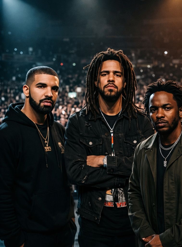 J Cole with Drake and Kendrick Lamar during concert crowd background representing hip hop debate