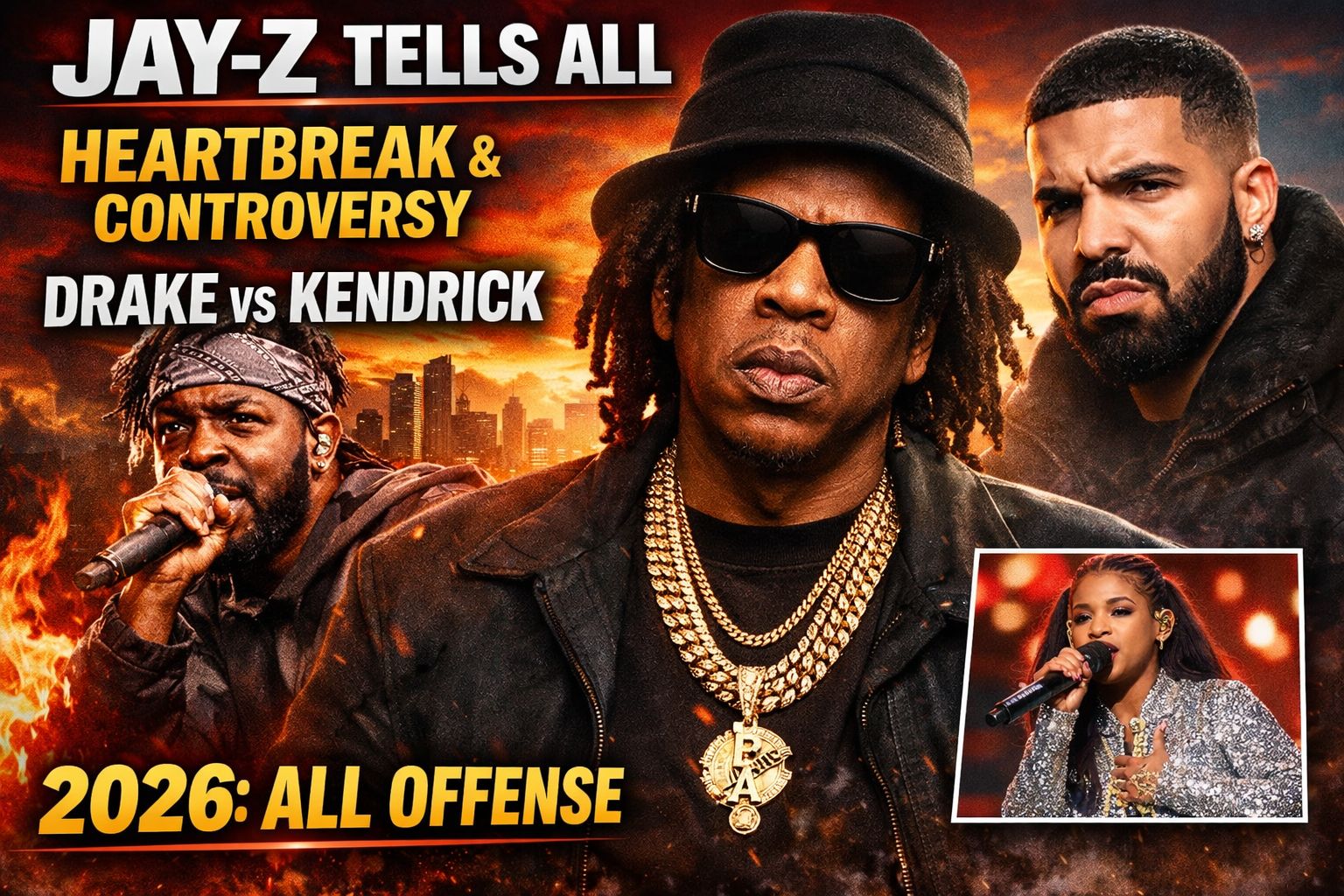 Jay-Z GQ interview 2026 discussing heartbreak, Drake vs Kendrick Lamar rap battle, and Blue Ivy Carter performance