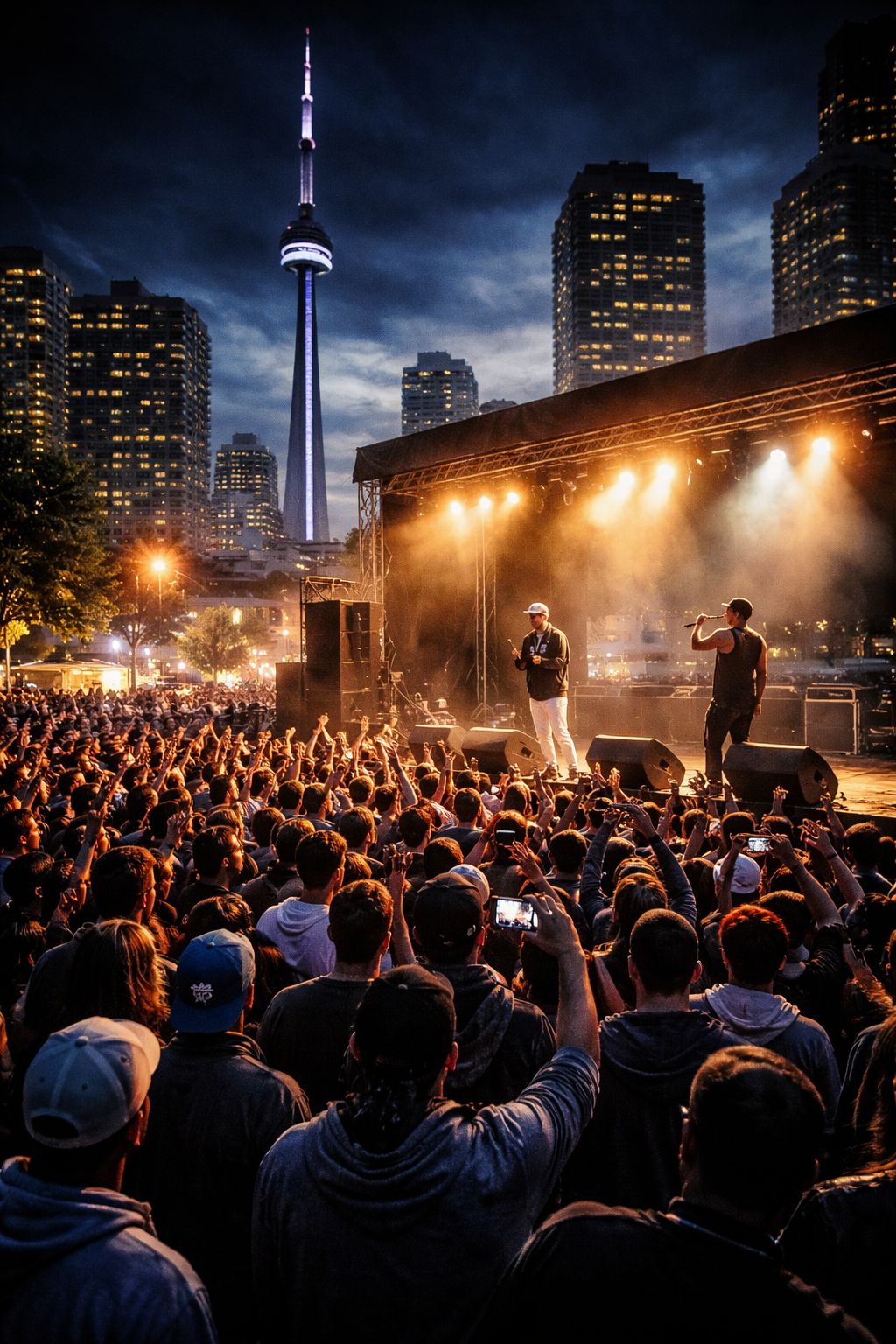 Toronto hip hop performance crowd during early TDot Fest era with CN Tower in background