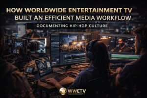WorldWide Entertainment TV team editing hip hop content in studio showcasing efficient media production workflow