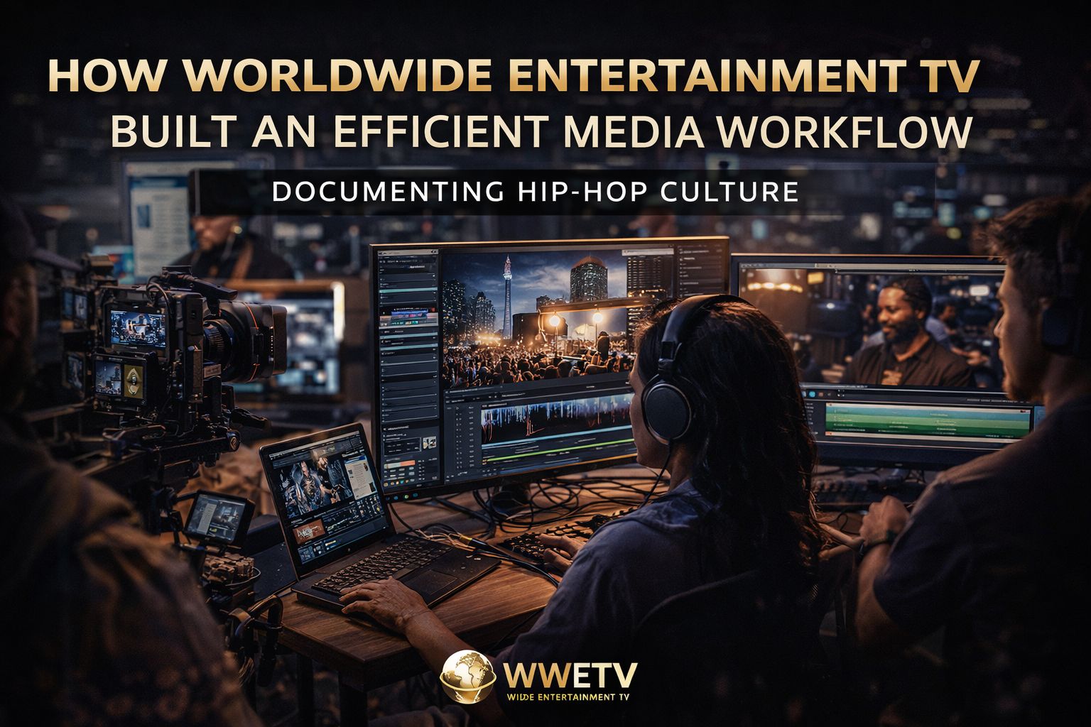 WorldWide Entertainment TV team editing hip hop content in studio showcasing efficient media production workflow