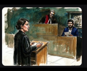 Courtroom sketch of Elijah Vernon during Toronto trial with judge and defense attorney presenting arguments