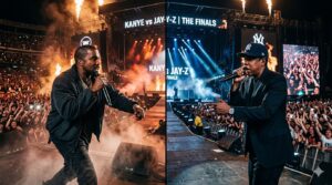 Kanye West and Jay-Z facing off in a Verzuz-style battle debate visual