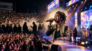 Lauryn Hill performing live at SoFi Stadium during viral moment with Kanye West and Dave Chappelle