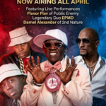 WorldWide Entertainment TV NY BRIC TV April 2026 schedule poster featuring Flavor Flav of Public Enemy, EPMD, and Darnel Alexander with hip-hop and R&B performances