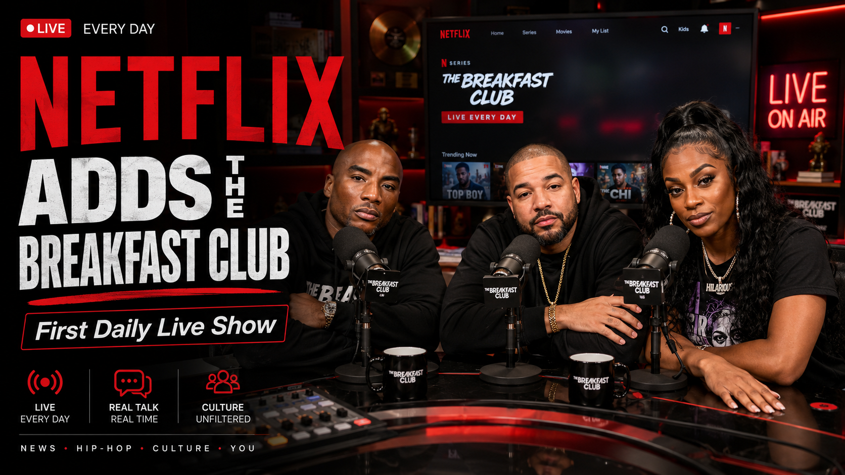 Netflix will stream The Breakfast Club live every weekday, bringing the hip-hop-rooted morning show to a global streaming audience.