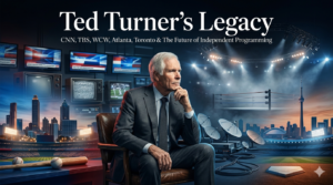 Ted Turner legacy feature image showing cable news, wrestling, baseball, Atlanta, and Toronto media history.