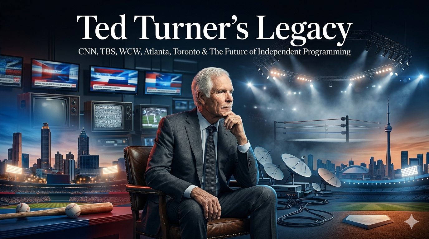 Ted Turner legacy feature image showing cable news, wrestling, baseball, Atlanta, and Toronto media history.