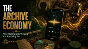 Editorial image showing vinyl records, cassette tapes, a smartphone music player, and a vintage microphone representing how classic Black music archives are being rediscovered through modern streaming platforms.