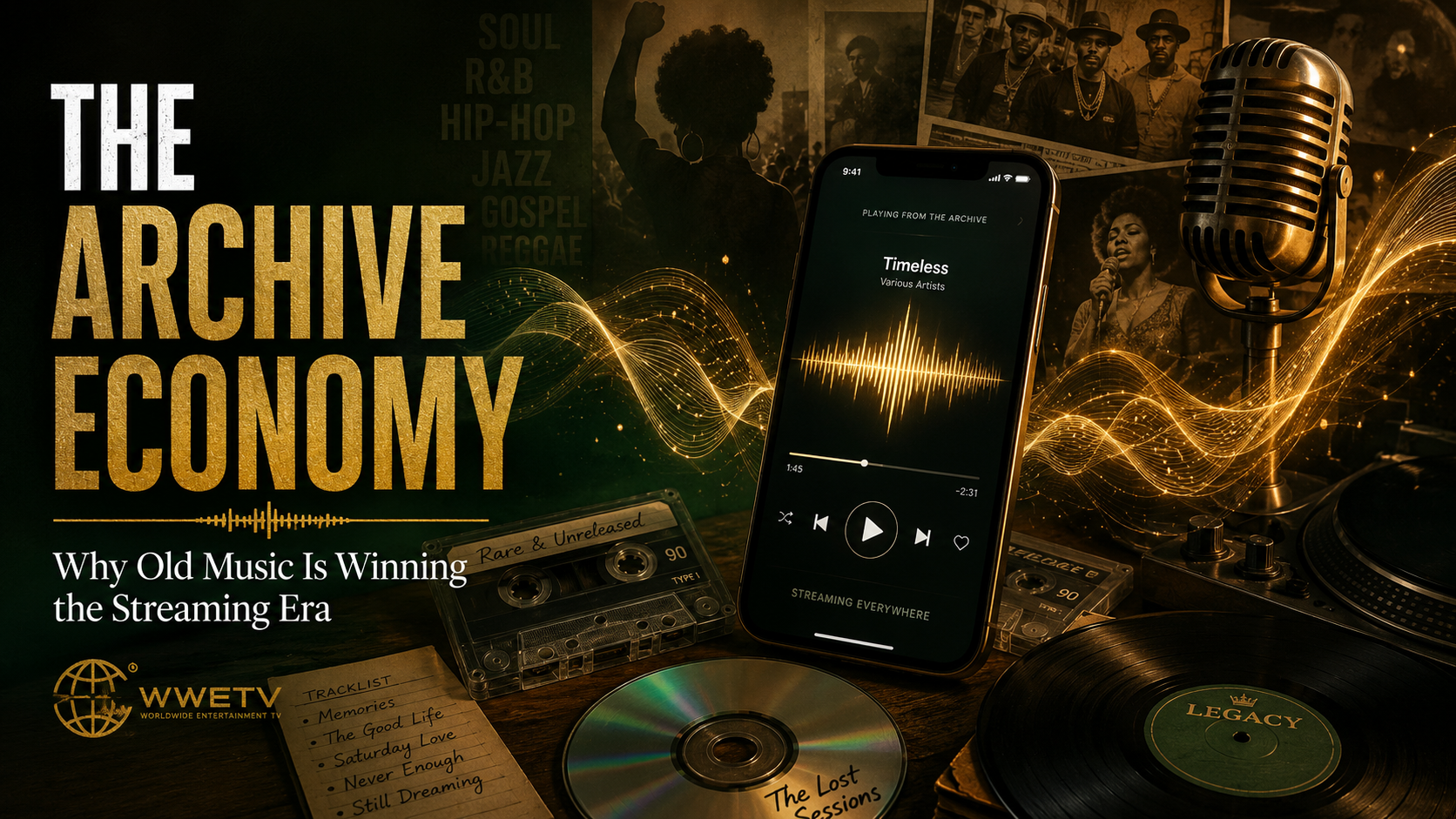 Editorial image showing vinyl records, cassette tapes, a smartphone music player, and a vintage microphone representing how classic Black music archives are being rediscovered through modern streaming platforms.