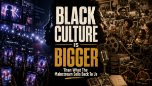 Editorial image contrasting algorithm-driven Black entertainment with Black cultural legacy, archives, music, film, family, and community memory.
