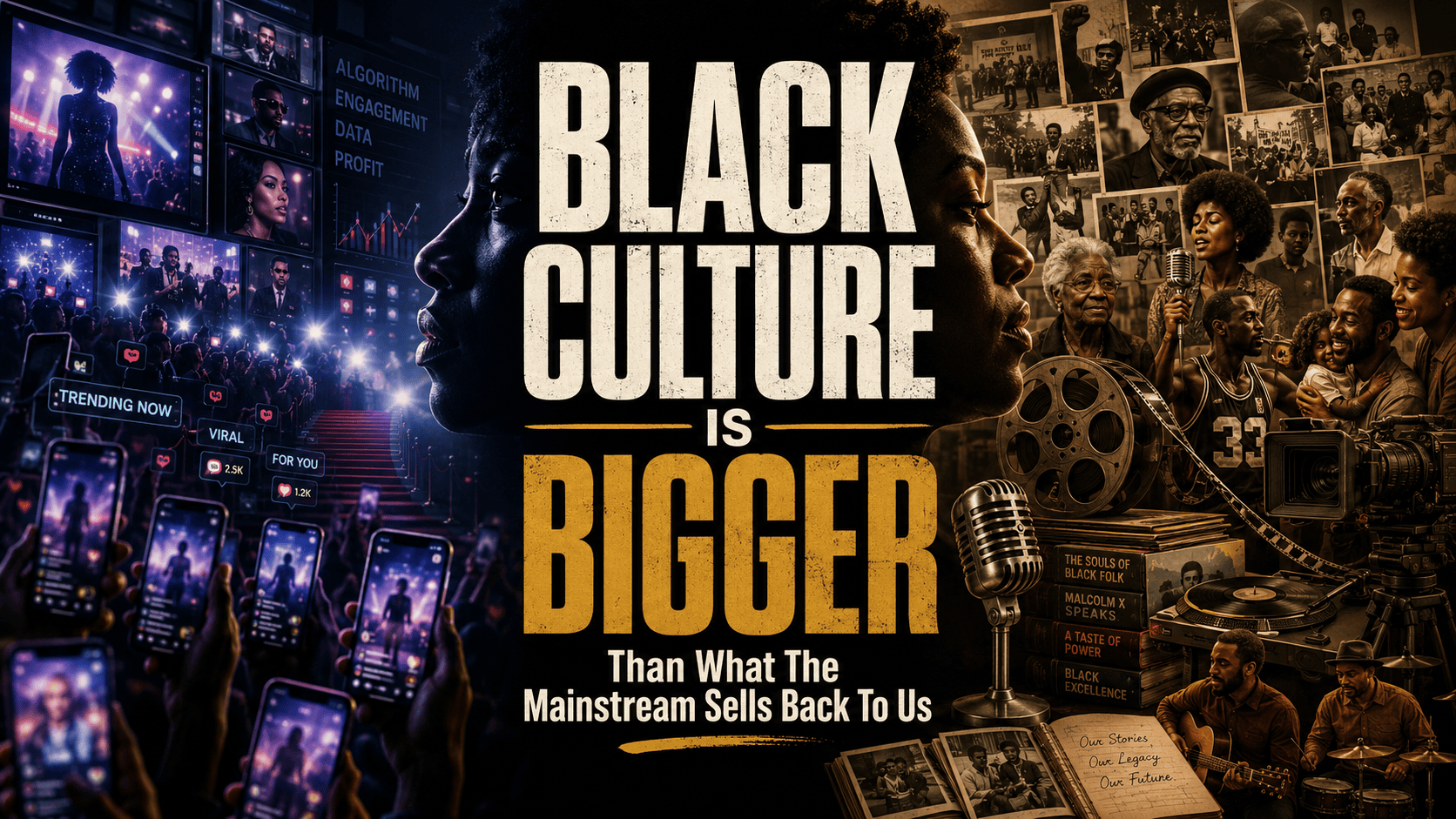 Editorial image contrasting algorithm-driven Black entertainment with Black cultural legacy, archives, music, film, family, and community memory.