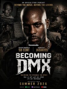 Promotional artwork for Becoming DMX, the forthcoming podcast hosted by Jadakiss and executive produced by 50 Cent.
