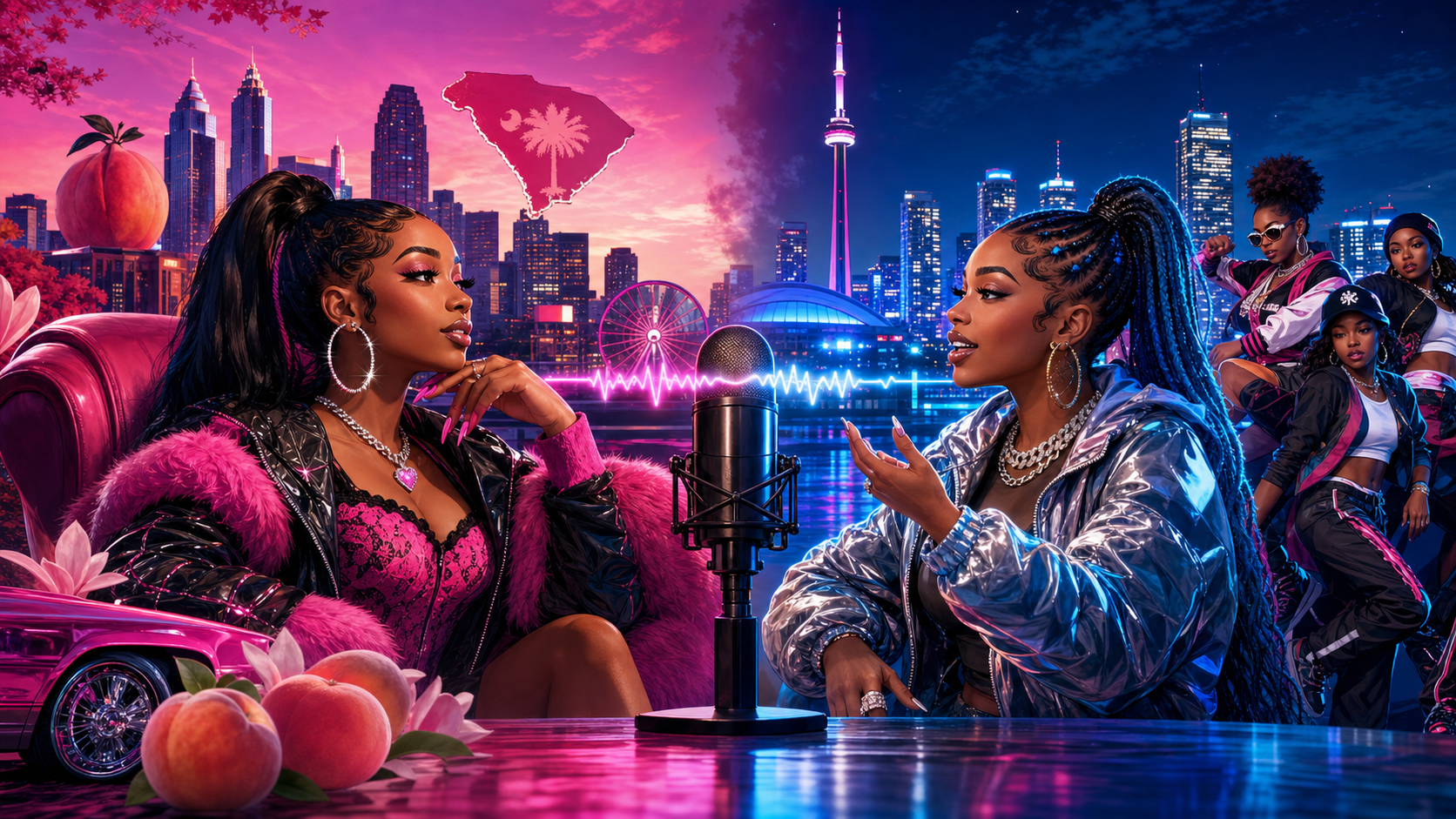 Editorial illustration of two Black women artists connecting Atlanta, South Carolina and Toronto through a podcast conversation