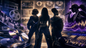 Editorial collage of a three-woman R&B group, archival tape reels and a guest rapper representing unreleased remixes