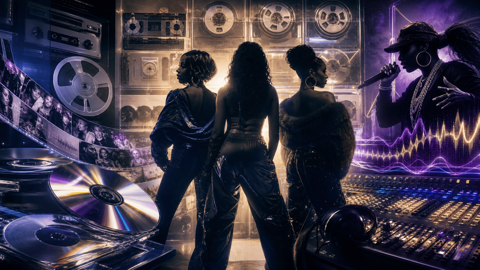 Editorial collage of a three-woman R&B group, archival tape reels and a guest rapper representing unreleased remixes