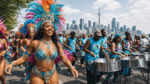 Masquerader and steelpan musicians celebrating Toronto Caribbean Carnival along the lakeshore with the skyline behind them