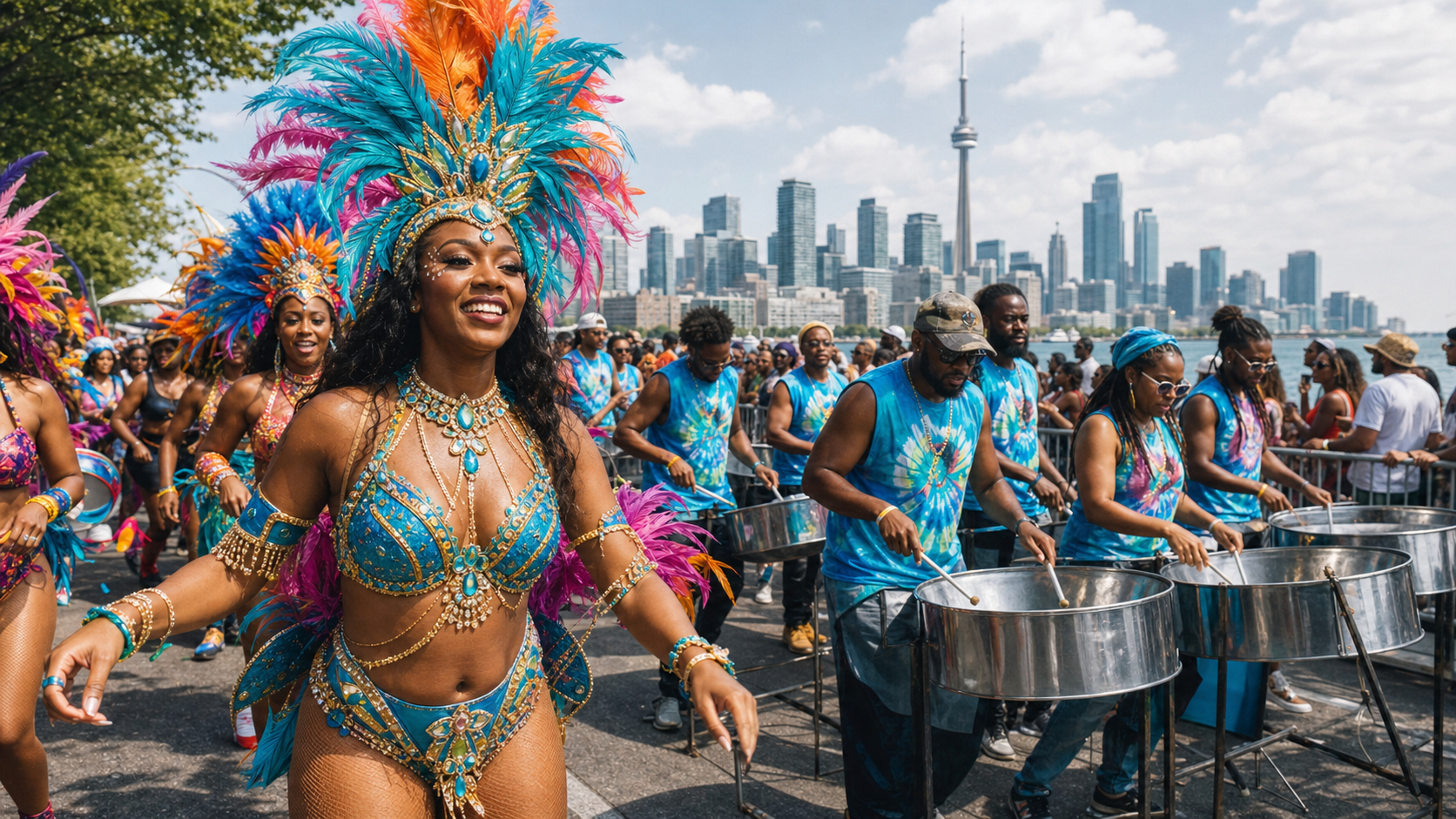 Masquerader and steelpan musicians celebrating Toronto Caribbean Carnival along the lakeshore with the skyline behind them