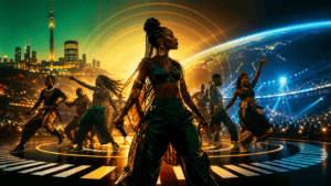 Editorial illustration of a South African pop performer on a global stage surrounded by amapiano-inspired light and dancers