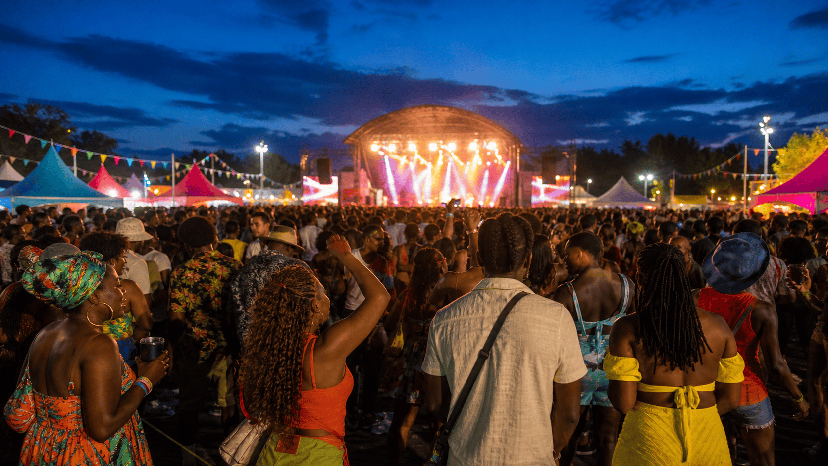 A large crowd enjoying a Caribbean summer music festival at a fairground under colourful stage lights