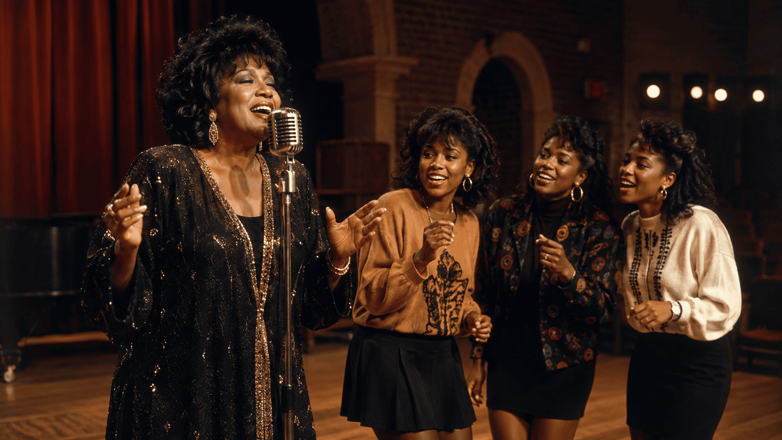 A soul singer rehearsing with three college backup vocalists in a warm late-1980s performance hall