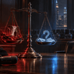 Scales of justice in a dark courtroom beside a microphone, lit in red and blue