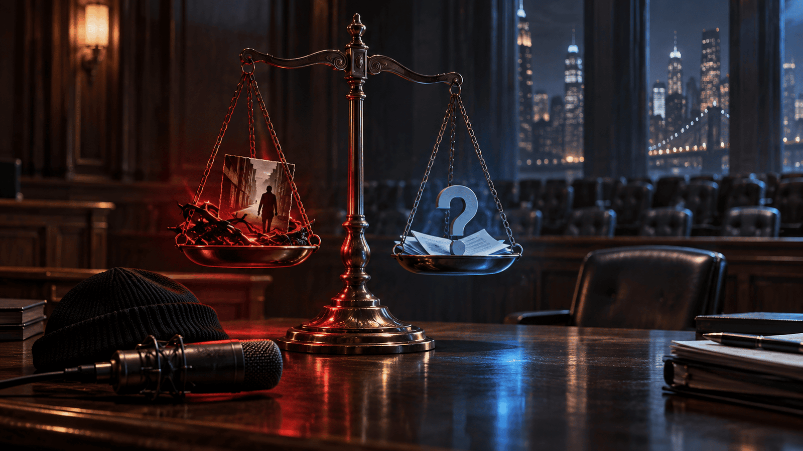 Scales of justice in a dark courtroom beside a microphone, lit in red and blue