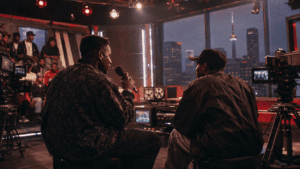 A 1990s Toronto music television host interviewing a hip-hop artist in an analog broadcast studio
