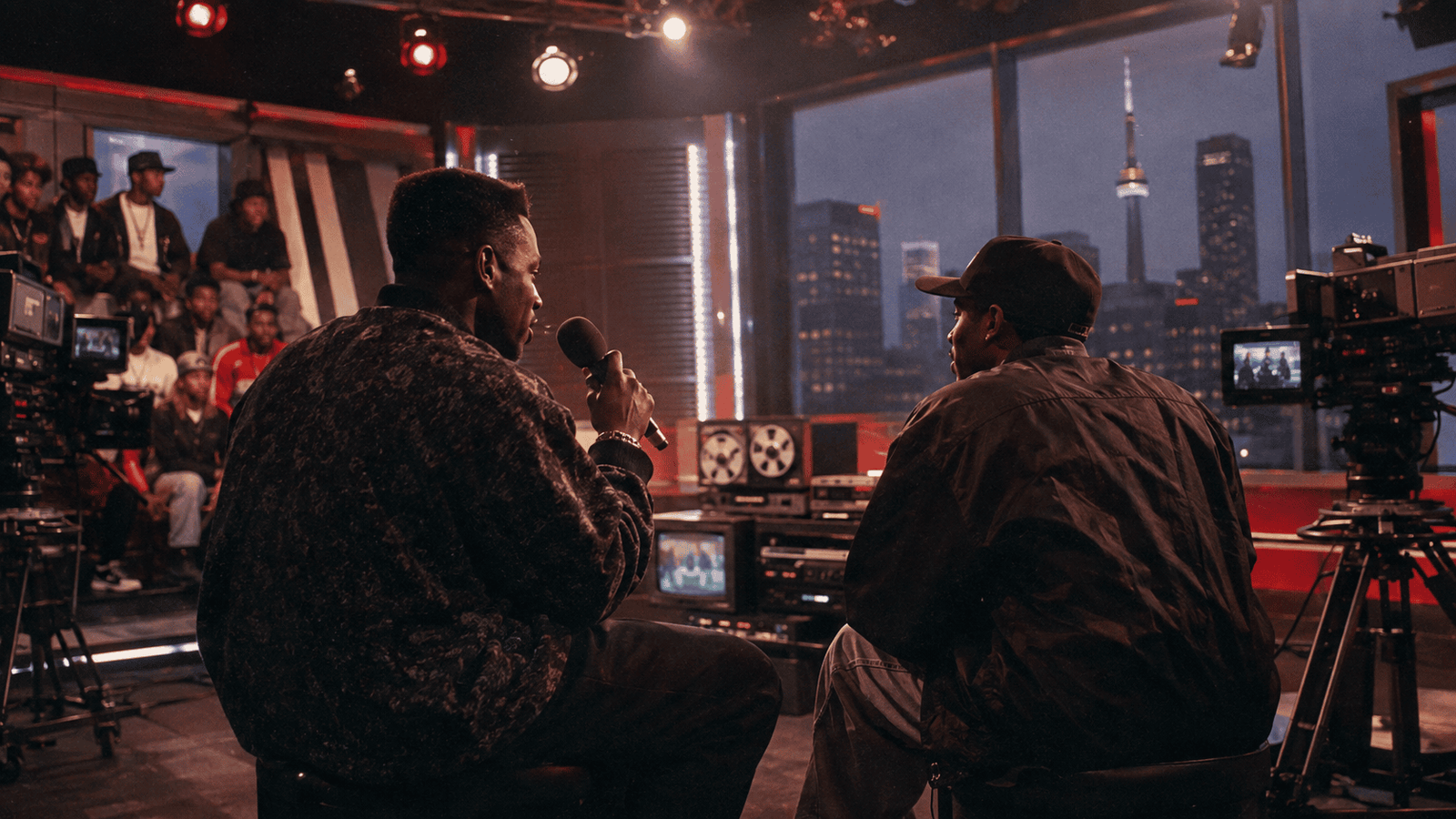A 1990s Toronto music television host interviewing a hip-hop artist in an analog broadcast studio