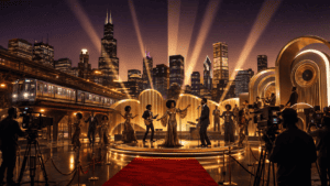 A glamorous soul music awards stage set against the illuminated Chicago skyline