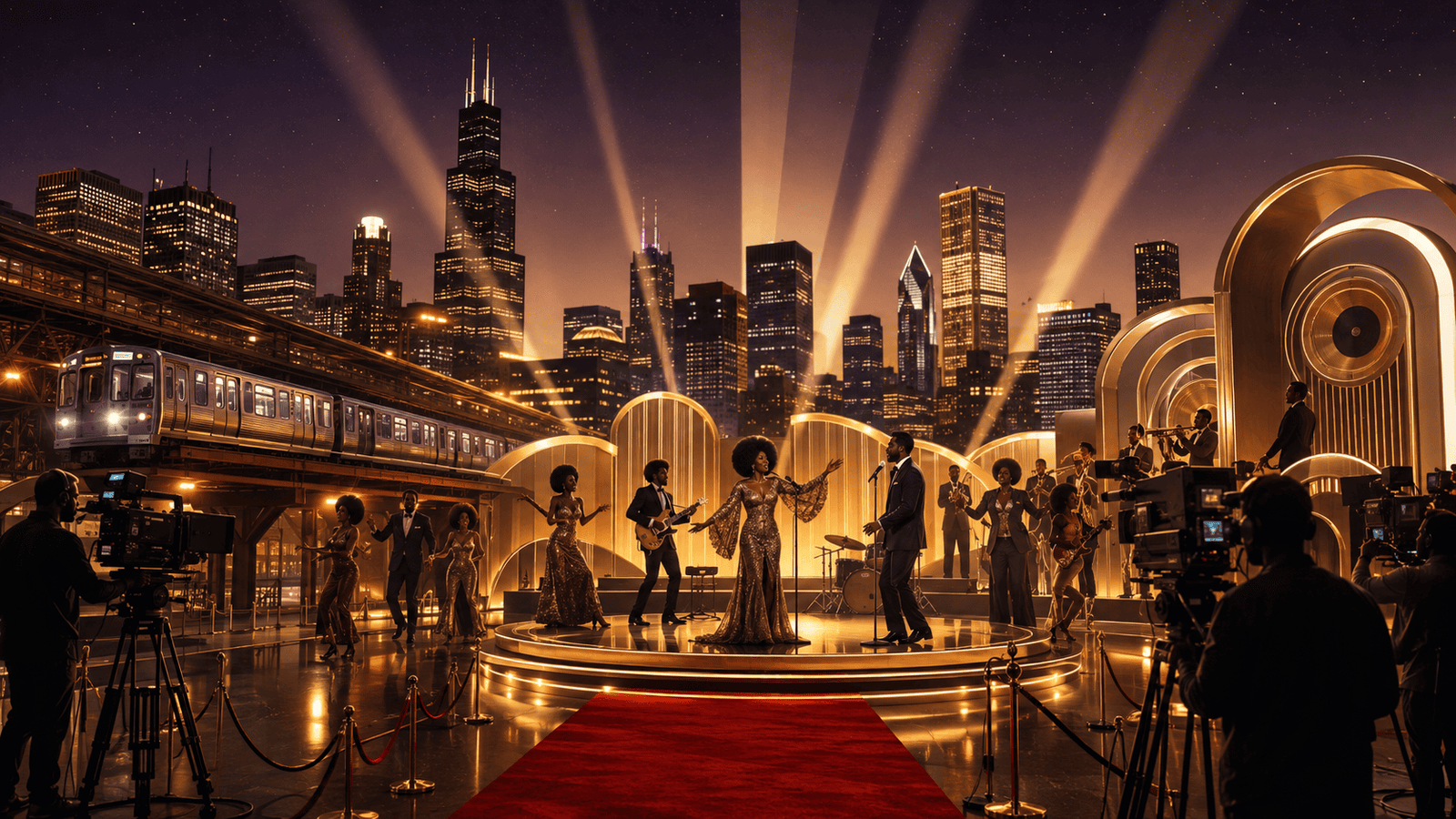 A glamorous soul music awards stage set against the illuminated Chicago skyline