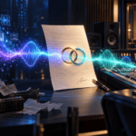 Digital audio waveform flowing through a licensing agreement into a recording console