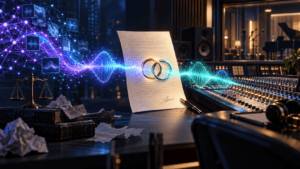 Digital audio waveform flowing through a licensing agreement into a recording console