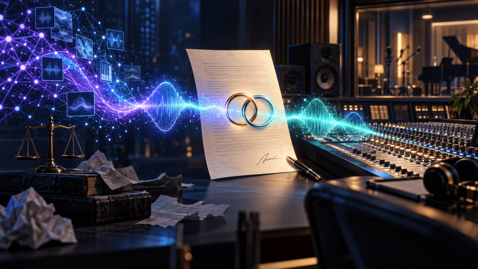 Digital audio waveform flowing through a licensing agreement into a recording console