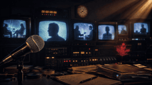 Archival television monitors and a microphone representing the debate over Tupac Shakur's final interview