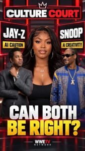 Culture Court artwork featuring Lisa between Jay-Z and Snoop Dogg with the question “Can both be right?”