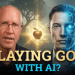 Steve Wohlberg beside a humanoid AI figure with the Garden of Eden and Tower of Babel behind them and the words “Playing God With AI?”