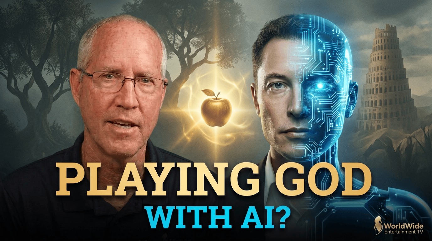 Steve Wohlberg beside a humanoid AI figure with the Garden of Eden and Tower of Babel behind them and the words “Playing God With AI?”